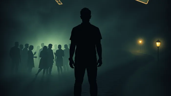 Символическое изображение выбора между иллюзорной дружбой в шумной компании и путем к внутренней целостности и одиночеству. В воздухе парят карты Таро Дьявол и Отшельник.