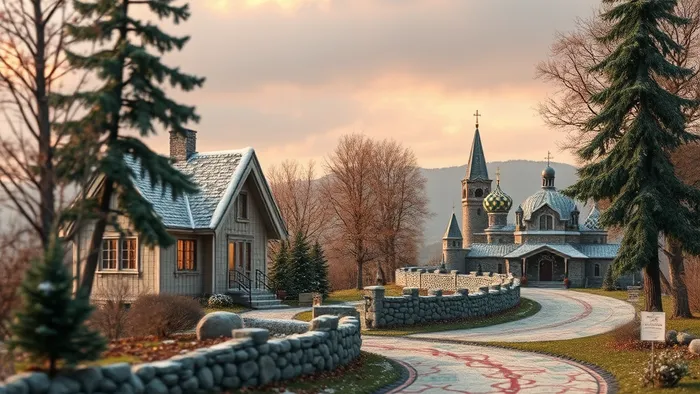 Символическое изображение выбора между неоплачиваемой стажировкой (дорога из логотипов к замку) и оплачиваемой работой (дорога из монет к дому). Фигура на перекрестке олицетворяет дилемму карьериста.