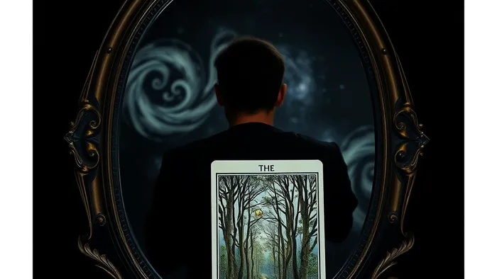 Символическое изображение человека перед зеркалом, в котором отражается не его лицо, а вселенная. Рядом карта Таро Отшельник. Концепция самоисследования и скрытых страхов.