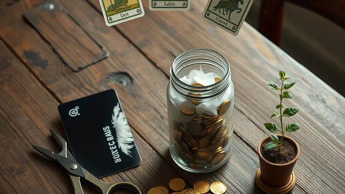 Символическая композиция: три пути для неожиданных денег (разрезанная карта, кувшин с золотом, растущее растение) и парящие над ними карты Таро: Повешенный, Императрица, Колесница.