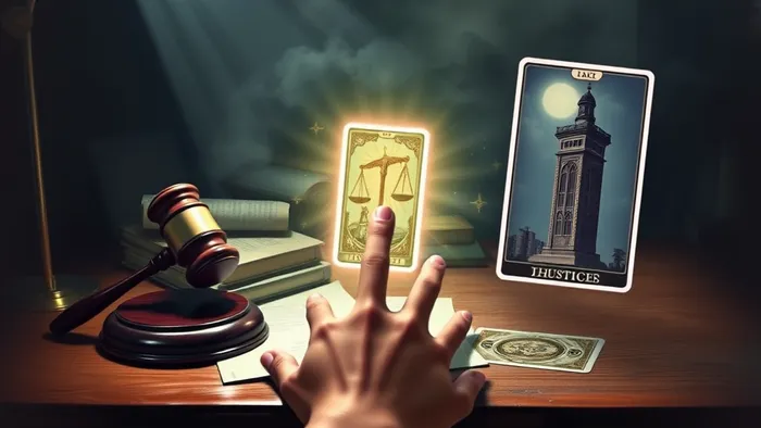 Символическое изображение: судейский молоток и документы на столе соседствуют с парящими в мистическом свете картами Таро Справедливость и Башня.