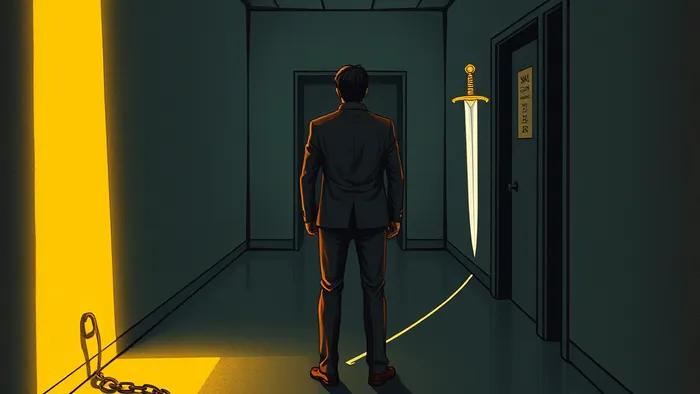 Символическая иллюстрация в стиле карт Таро: человек на перепутье в офисе выбирает между соблазнительным, но опасным путём и ясным, честным путём к карьерному росту.