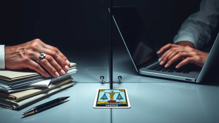 Символичное изображение возрастного раздела на работе: опытные и молодые руки по разные стороны стеклянной перегородки, между ними карта Таро Справедливость