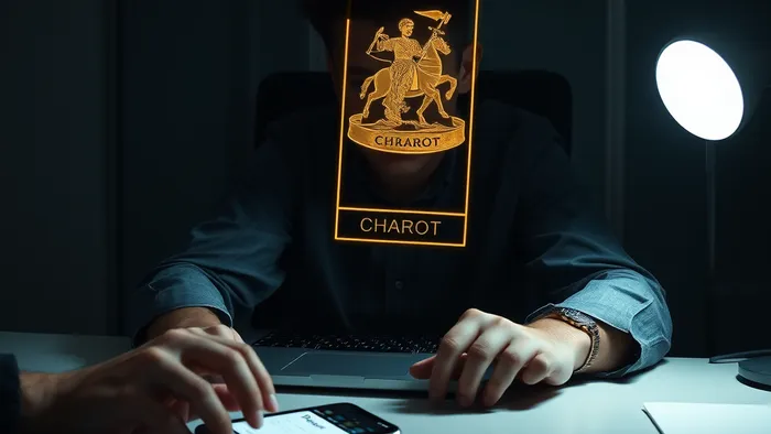 Символическое изображение двойной жизни сотрудника: работа в офисе и скрытый поиск новой работы, подсвеченный образом аркана Колесница Таро на мониторе.