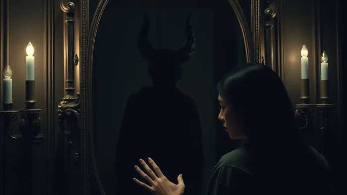 Человек смотрит в зеркало, в котором вместо отражения виден символический образ аркана Таро, сливающийся с его силуэтом. Иллюстрация для статьи о неосознанных страхах, связанных с телом.