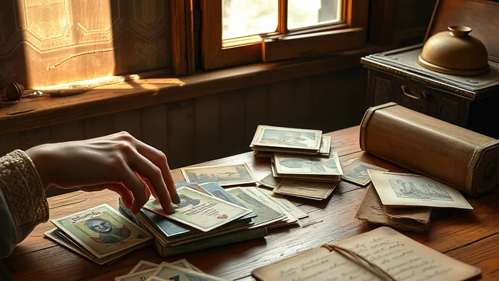 Руки раскладывают карты Таро на столе для анализа чувства незавершенности после расставания. Видны карты Отшельник и Кубки.