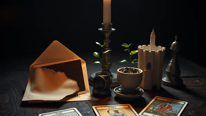 Символическая композиция на тему выбора: конверт с деньгами, перерезанная кредитная карта, копилка-замок и растущее растение с монетами. Рядом колода Таро с картами Смерть, Император и Шут.