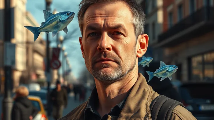 Человек на улице видит отражение незнакомца из сна в луже, вокруг плавают карты Таро. Иллюстрация синхронии сна и реальности.