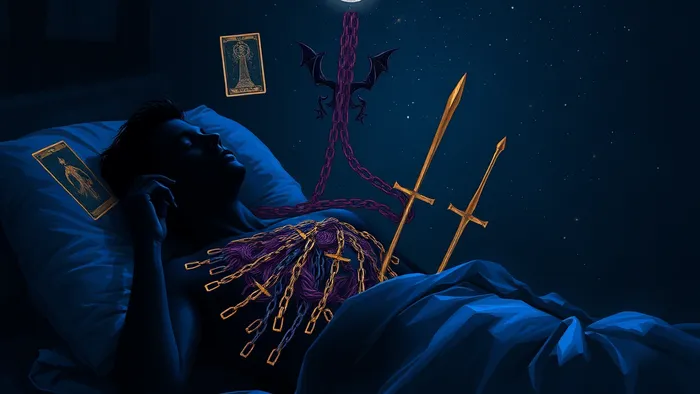 Символическая иллюстрация: силуэт спящего человека, из груди которого тянутся призрачные цепи, превращающиеся в образы карт Таро (Башня, Дьявол, 9 Мечей) и растворяющиеся в ночном небе.