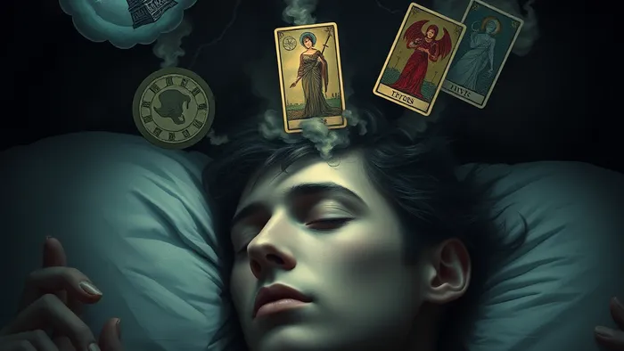 Символическое изображение связи повторяющихся кошмаров и карт Таро: человек в полусне, над головой — пузыри снов с изображениями Арканов Башня, Дьявол и Императрица.