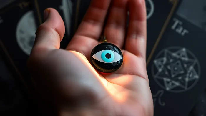 Рука держит защитный амулет на фоне карт Таро (Луна, Девятка Мечей, Звезда).