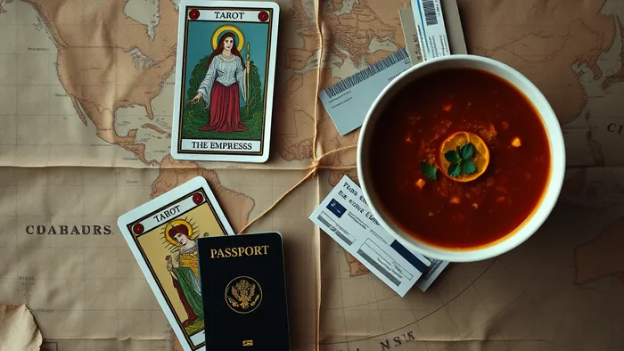 Символическое фото: карта мира, колода Таро с картой Императрицы и миска домашнего супа как два полюса жизни эмигранта.