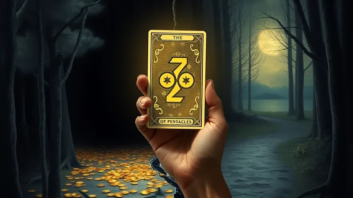 Символическое изображение выбора на перекрестке: путь из золотых монет со штормом и путь к озеру в солнечном свете. Рука с картой Таро Двойка Пентаклей в центре.