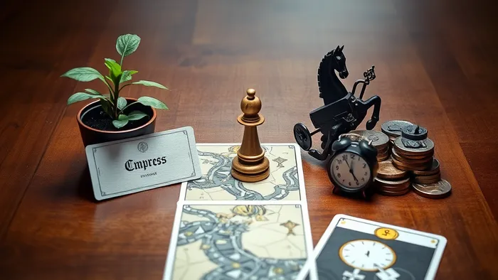 Символическое изображение трех путей финансового роста: растение с дипломом (учеба), шахматный конь на карте (смена работы), стопка монет с часами (подработка) в стиле карт Таро.