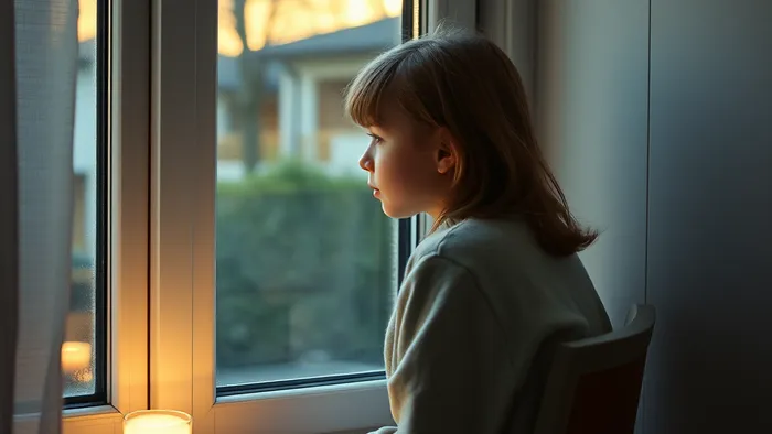 Ребенок использует карты Таро для осмысления переезда и адаптации в новой школе, сидя у окна в своей новой комнате.