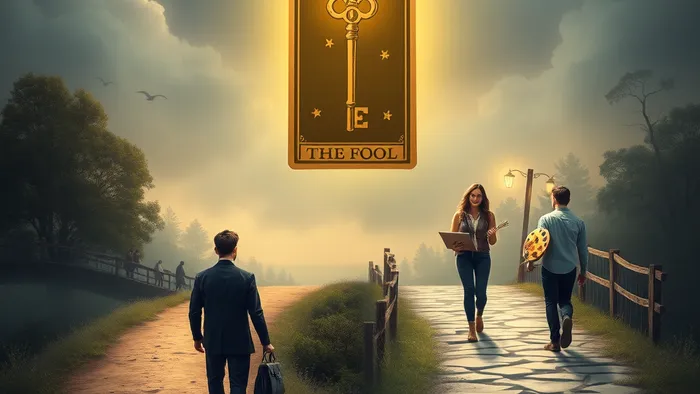 Символическое изображение выбора пути: офисная карьера или творческое хобби для расширения круга общения. Над сценой парит карта Таро Шут, освещая оба варианта.