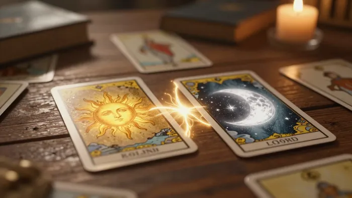 Расклад карт Таро с мистическим свечением на стыке арканов, символизирующим новые глубокие связи и синтез значений.