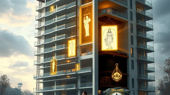 Символическое изображение: новостройка, внутри которой видны парящие карты Таро (Шут, Повешенный, Туз Пентаклей), олицетворяющие риски и возможности покупки квартиры в доме без УК.