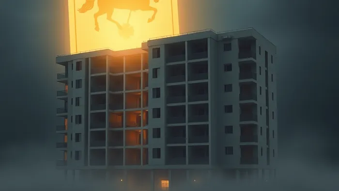 Символическое изображение: новейшая многоэтажка сливается с картой Таро 'Колесница'. Дом стоит в пустом туманном поле, часть окон светится. Тема начала пути и управления неизвестностью.