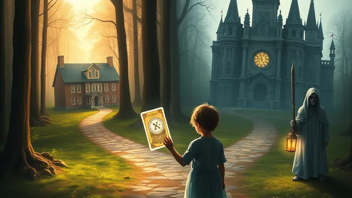 Символичное изображение ребенка на перепутье между старой и новой школой с картой Таро Шут в руках. Архетипы Отшельника и Рыцаря Мечей в виде теней среди деревьев.