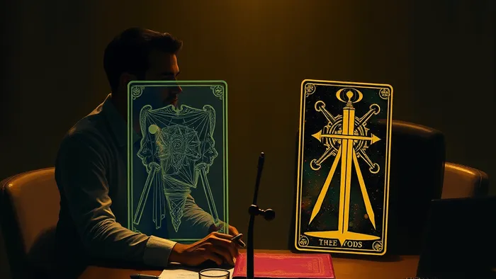 Символическое изображение анализа офисных отношений через карты Таро: коллега с прозрачным силуэтом, внутри которого виден расклад карт, символизирующий скрытые мотивы.