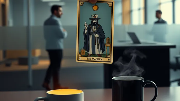 Символическое изображение: карта Таро Маг парит над офисным столом с двумя чашками кофе, олицетворяющими разные намерения.