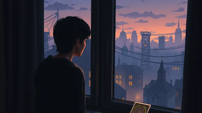 Символическое изображение кризиса после переезда: человек у окна в новой квартире, за окном — незнакомый город, смешанный с призрачными образами старого района. На подоконнике лежит карта Таро.