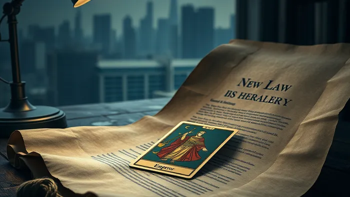 Символическое изображение: старинный свиток с текстом нового закона и карта Таро Император на деревянном столе. Магический реализм.