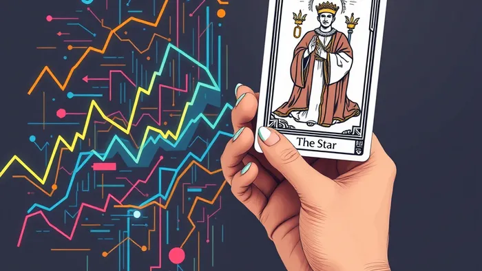 Концептуальная иллюстрация: противостояние хаотичного технологического тренда и спокойной мудрости карты Таро на фоне бизнес-графиков.