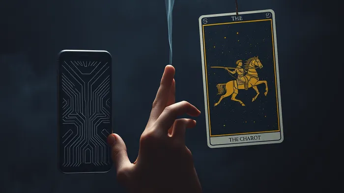 Концептуальное изображение: выбор между смартфоном с технологическими схемами и древней картой Таро Колесница, символизирующий дилемму между погоней за трендом и внутренней мудростью.