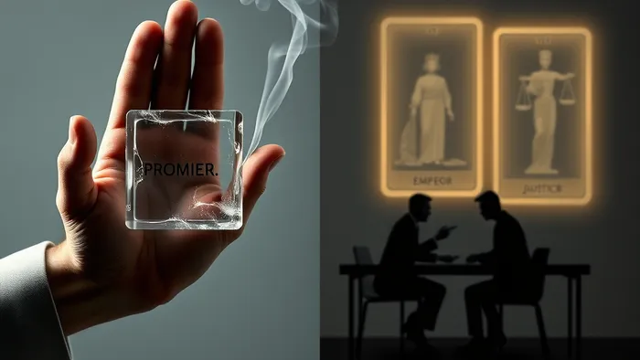 Символическое изображение невыполненного обещания на работе: хрусталь растворяется, два человека ведут деловой разговор, на фоне — арканы Таро Император и Правосудие.