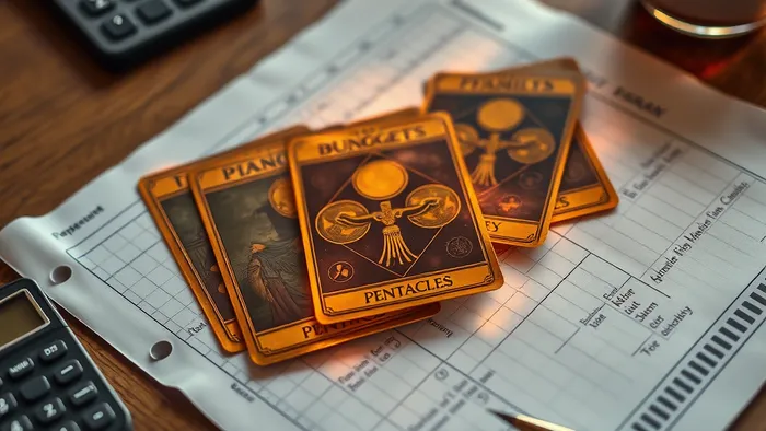 Символическое изображение: таблица семейного бюджета и карты Таро масти Пентаклей на деревянном столе, подсвеченные магическим светом.