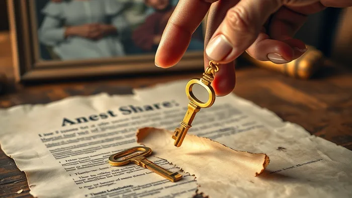 Символическое изображение права на обязательную долю в наследстве: ключ, положенный поверх разорванного завещания.