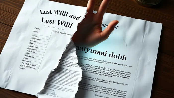 Символическое изображение конфликта между завещанием и законом: разорванный документ завещания, где часть текста защищена прозрачной рукой-щитом, символизирующей право на обязательную долю.