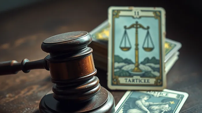 Символичное изображение: судейский молоток лежит на столе рядом с колодой карт Таро, где открыт аркан Правосудие