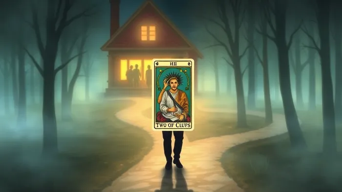 Символическое изображение выбора между одиночеством и общением: человек на перепутье, ведущем к дому с близкими и в таинственный лес. Рядом карта Таро.