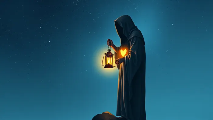 Символическое изображение Отшельника из Таро на горной вершине, освещающего свой внутренний свет, как метафора кармического одиночества и поиска истины внутри себя.