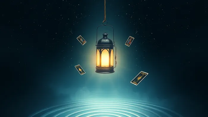 Символическое изображение одиночества как пути: одинокий фонарь в звёздном пространстве освещает лабиринт, вокруг парят карты Таро Отшельник и Звезда.