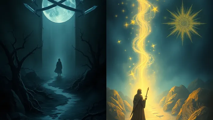 Символическое изображение двух типов одиночества: как наказания (тёмный путь с картами 3 Мечей и 9 Мечей) и как урока (светлый путь с картами Звезда и Отшельник)