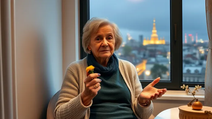 Женщина в возрасте после 40 размышляет у окна, держа в руках свечу, символ внутреннего поиска. На столе — карты Таро. За окном — одинокая яркая звезда, символизирующая надежду.