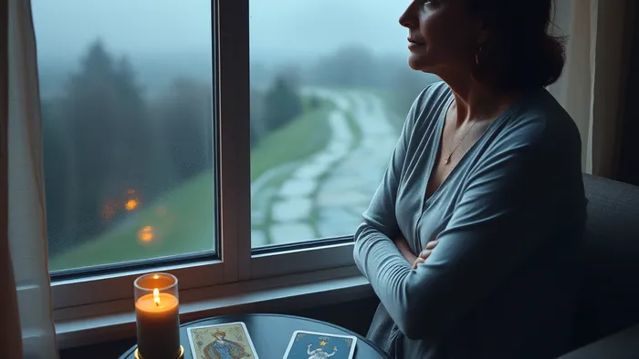 Женщина после 40 лет в момент саморефлексии с раскладом карт Таро на столе, символизирующим путь от одиночества к надежде.