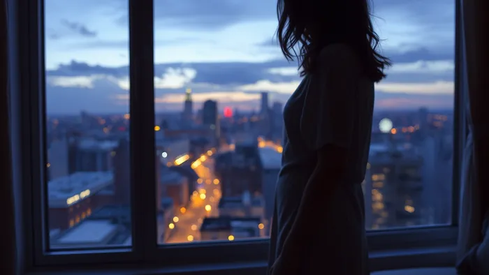 Человек в новой квартире смотрит в окно на вечерний город. На столе рядом раскрытая колода Таро с картами Отшельник и Звезда, отражающимися в стекле вместе с огнями мегаполиса.