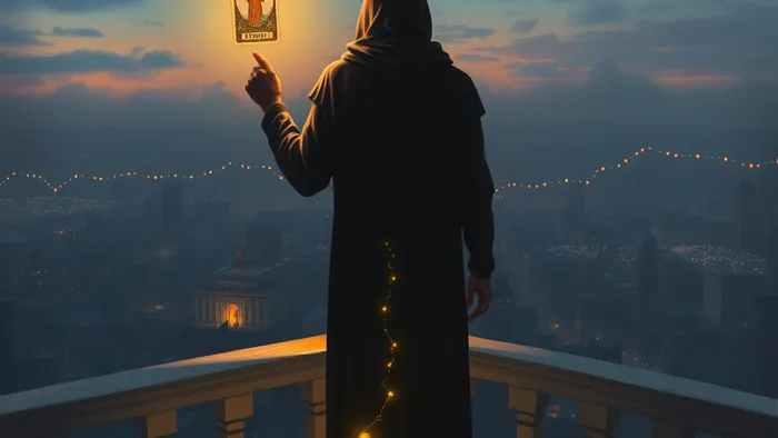 Символическое изображение человека с картой Таро Отшельник на фоне нового города: одиночество как путь к новым связям.