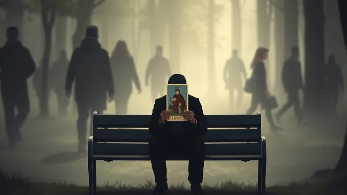 Символическое изображение одинокой фигуры с картой Таро Отшельник на фоне размытого, неясного окружения. Тема одиночества и поиска пути.