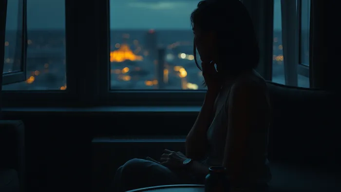 Женщина в раздумьях сидит у окна в пустой гостиной на фоне вечернего города. На столе перед ней лежит карта Таро 'Звезда', символизирующая надежду и внутренний путеводитель.