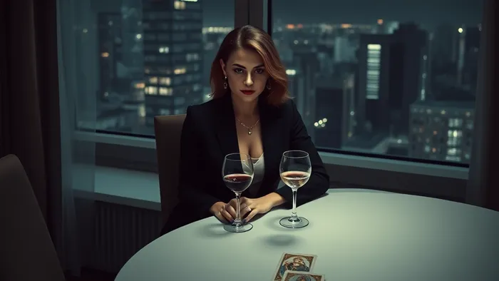 Женщина в одиночестве за ужином на двоих в современной квартире. На столе лежит карта Таро Пятерка Кубков, символизирующая чувство утраты в отношениях.