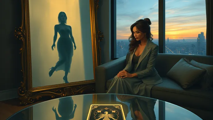 Символичное изображение успешной женщины в пустой современной квартире на фоне городских огней. Она смотрит на своё отражение в зеркале, а на столе перед ней лежит карта Таро Отшельник, подсвеченная мягким светом.