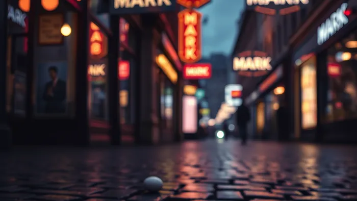 Таинственная улица в сумерках с повторяющимся именем на вывесках и книгах, карты Таро Луна и Маг лежат на мостовой.