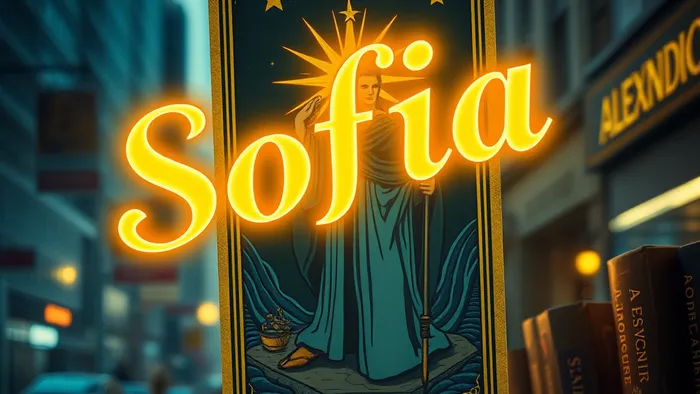 Символическая иллюстрация: карта Таро и светящиеся буквы имени на фоне размытых городских вывесок и книг, иллюстрирующая тему повторяющихся имён и синхроничности.