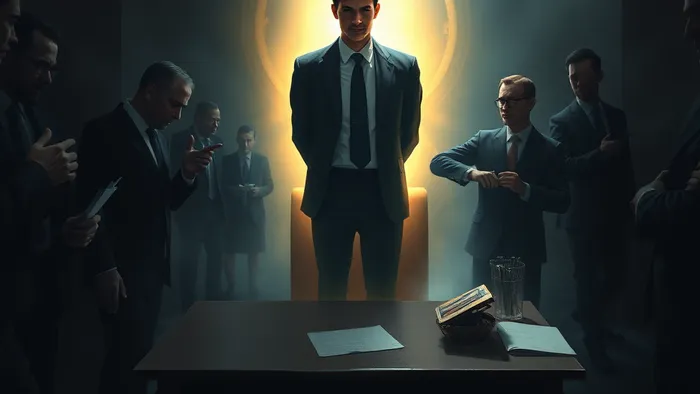 Символическое изображение человека, сохраняющего спокойствие и внутренний свет в центре хаотичного офиса, полного шепчущихся теней. На столе перед ним лежат карты Таро: Отшельник, Справедливость и Звезда.